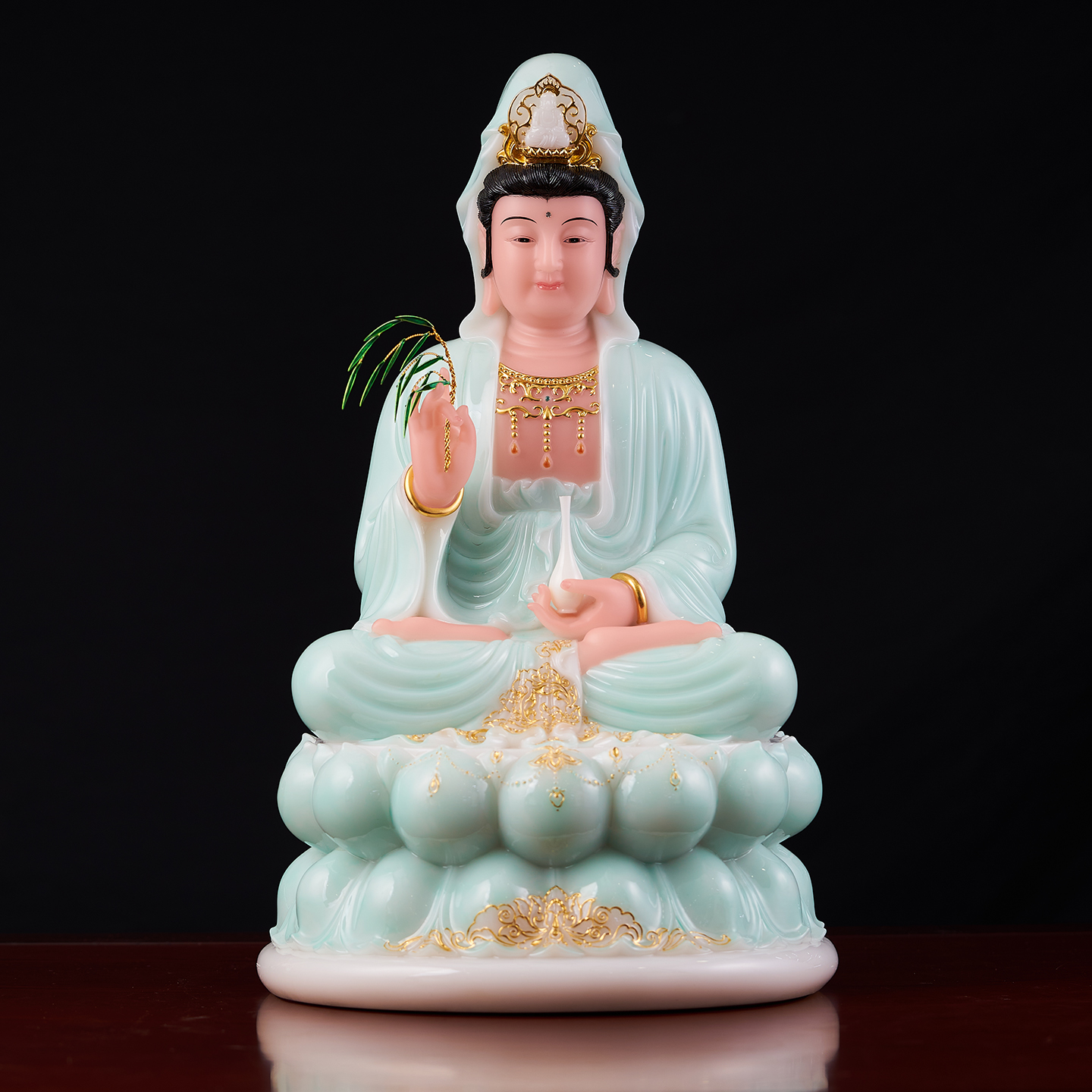 艺金缘汉白玉观音菩萨佛像家用供奉净瓶全莲观音像娘娘观世音摆件