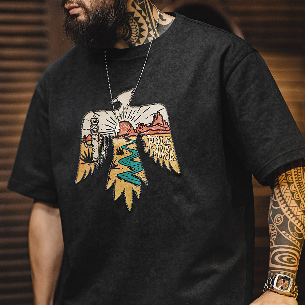 马登工装美式复古印第安雷鸟T恤棉重磅民族风刺绣印花短袖男夏季,男装,T恤,淘宝优惠券,粉丝福利购,淘宝优惠卷