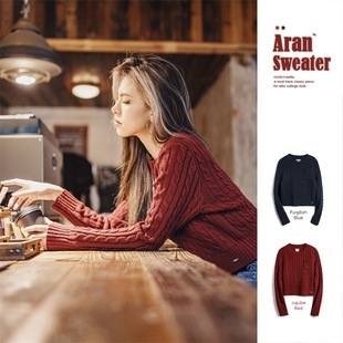 马登女装复古套头针织加厚毛衣圆领罗纹学院风美式短款针织衫秋冬