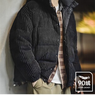 马登工装复古灯芯绒羽绒服条绒连帽可拆卸立领休闲保暖面包服男冬