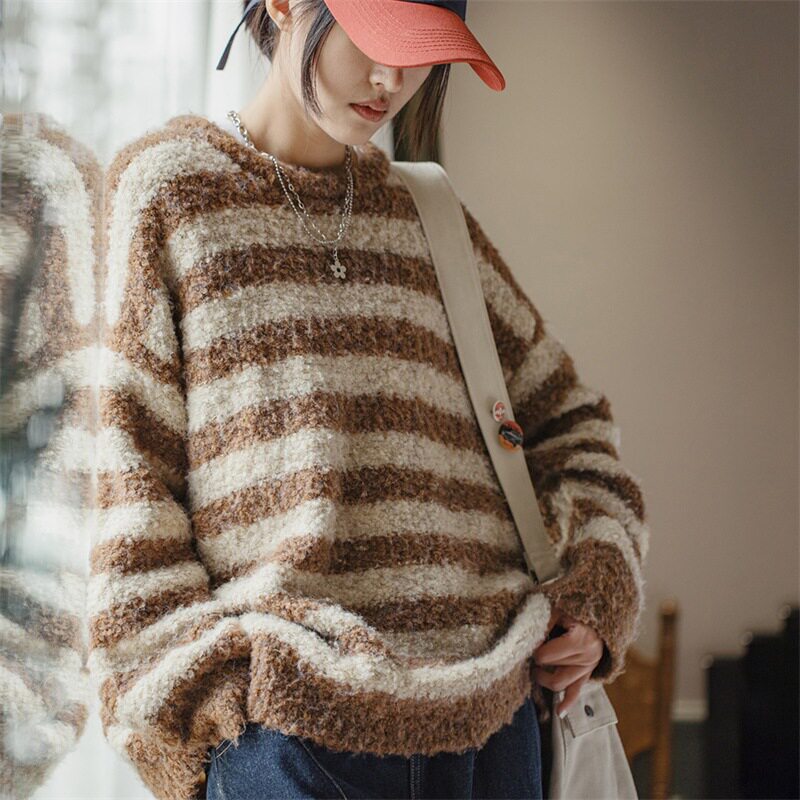 马登女装宽松上衣圈圈绒条纹毛衣