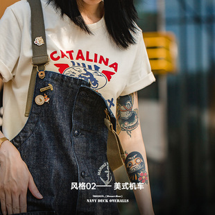 马登女装复古美式重磅连体工装裤休闲直筒阔腿宽松女士牛仔背带裤