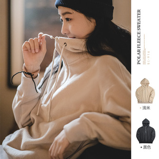 马登女装日系秋冬新款摇粒加绒拉链套头衫纯黑色长袖连帽卫衣绒衫