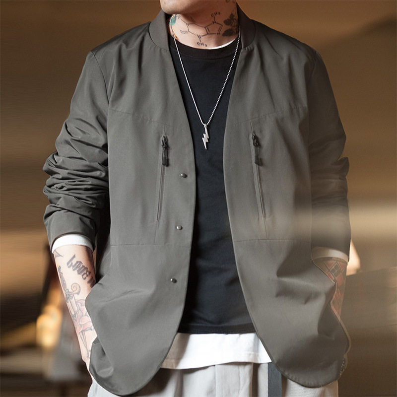 马登工装美式休闲无领灰色西装夹克机能西服通勤百搭单西外套男秋