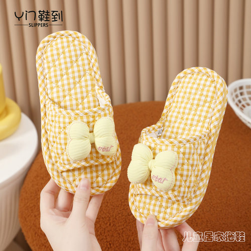 女童四季布艺蝴蝶结静音防滑拖鞋