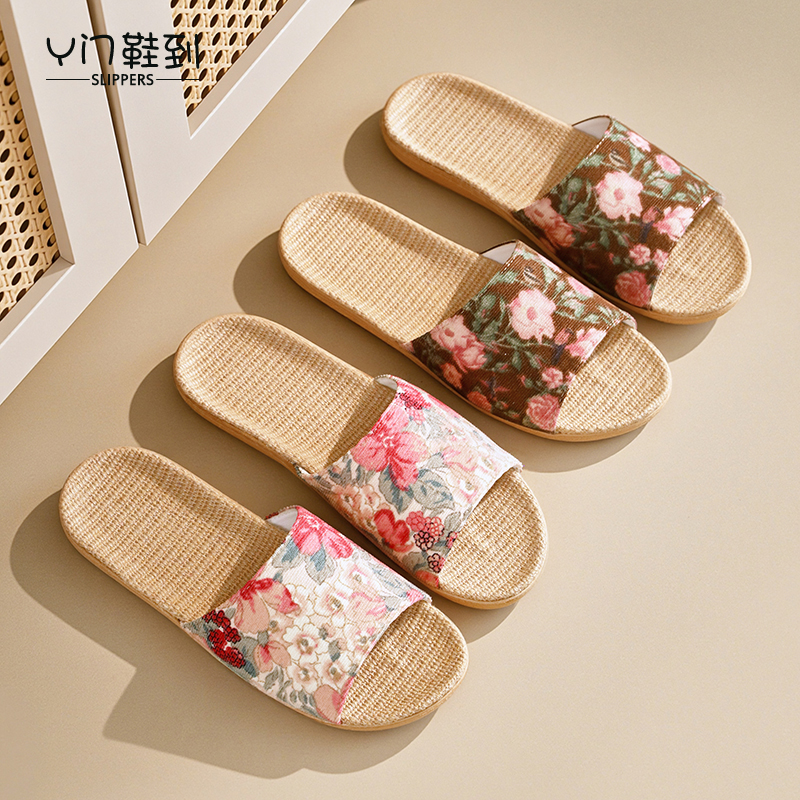 2025新款亚麻拖鞋夏季防滑碎花