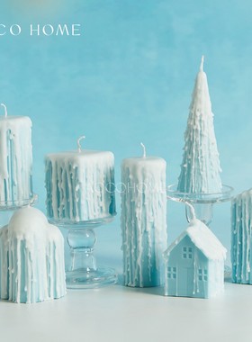 AOCOHOME薄荷蓝色冰山蜡烛无烟无味手作滴泪淋面粗蜡烛装饰品摆件
