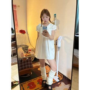 甜美少女风娃娃领连衣裙女设计感压褶短袖 宽松显瘦软糯减龄短裙子