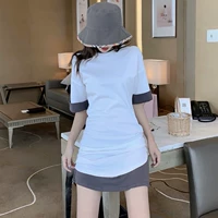 Mùa hè 2019 mới Hồng Kông hương vị váy giả hai mảnh tương phản ngắn tay uốn xoăn dài áo thun nữ thủy triều - váy đầm váy trắng