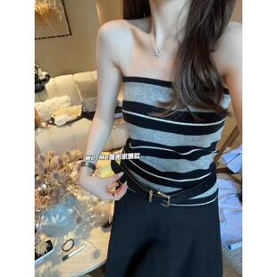 短款 内搭打底衫 美背上衣 抹胸背心女外穿修身 复古辣妹撞色条纹无袖