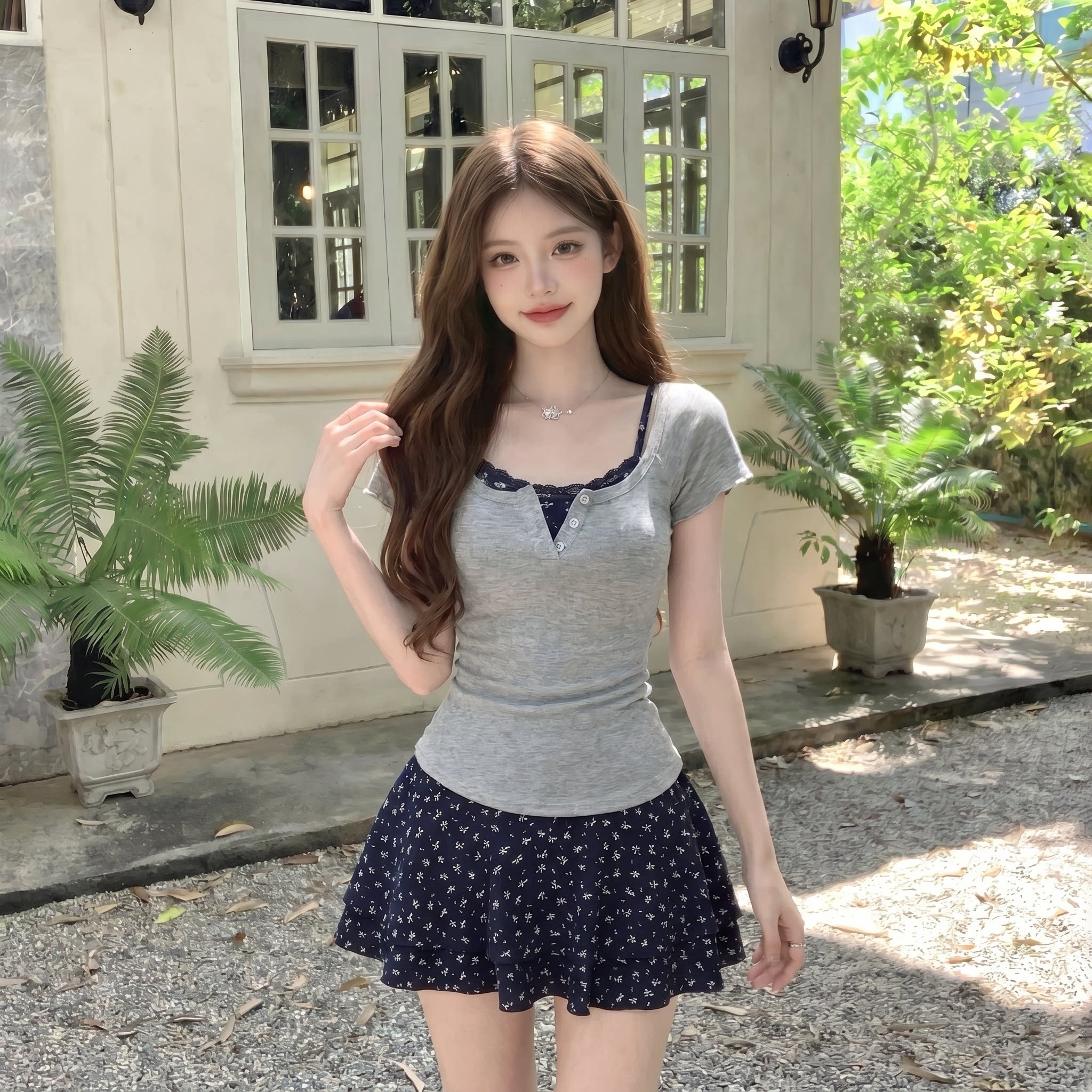 夏季纯欲方领T恤碎花连衣裙套装图片
