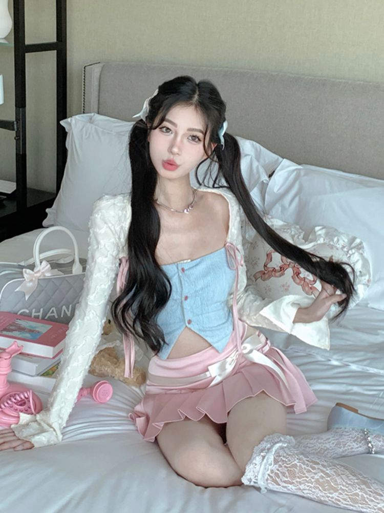 甜辣妹套装女夏季长袖防晒开衫外套纽扣抹胸小背心百褶短裙三件套