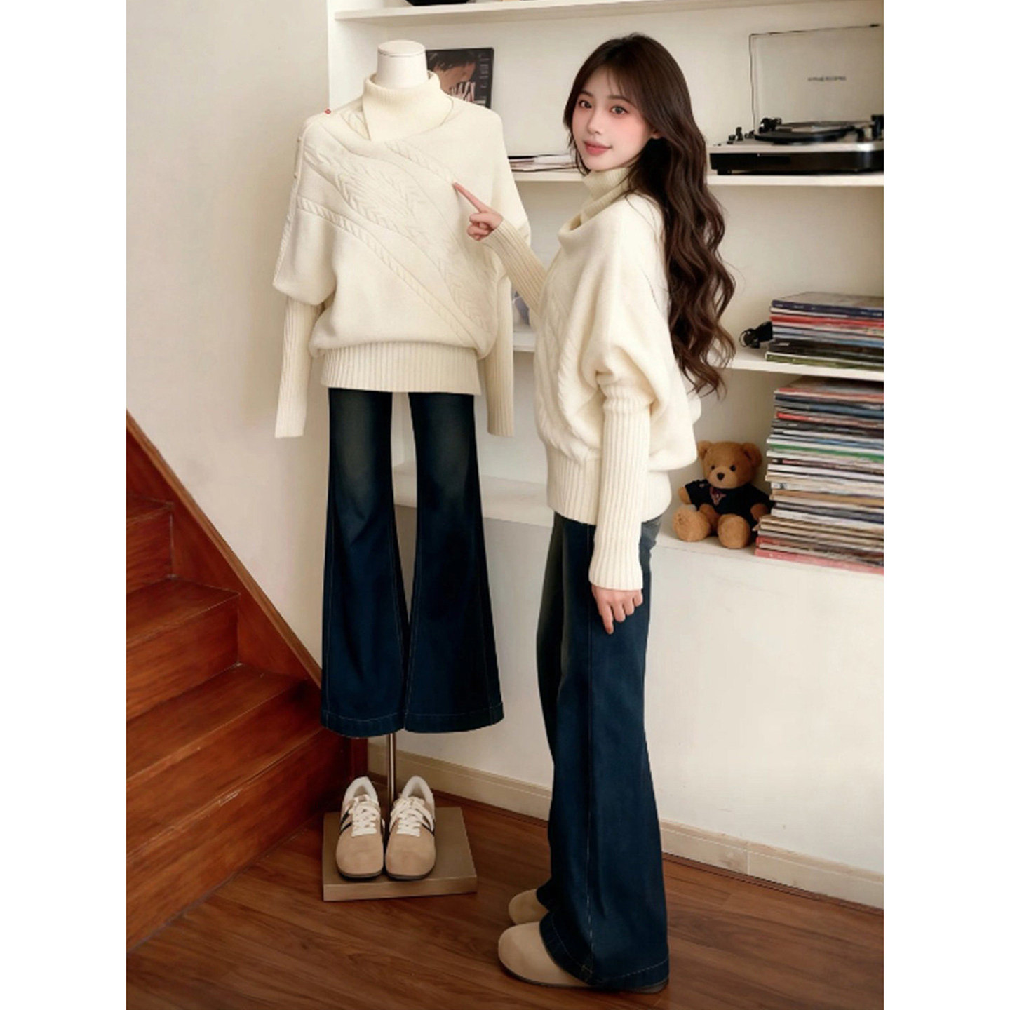 白色高领套头毛衣女2026新款春季不规则内搭蝙蝠袖斗篷针织衫上衣