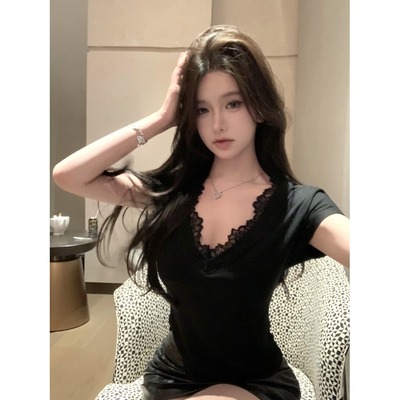 纯欲辣妹性感v领短款小上衣女夏季假两件蕾丝正肩短袖t恤独特绝美