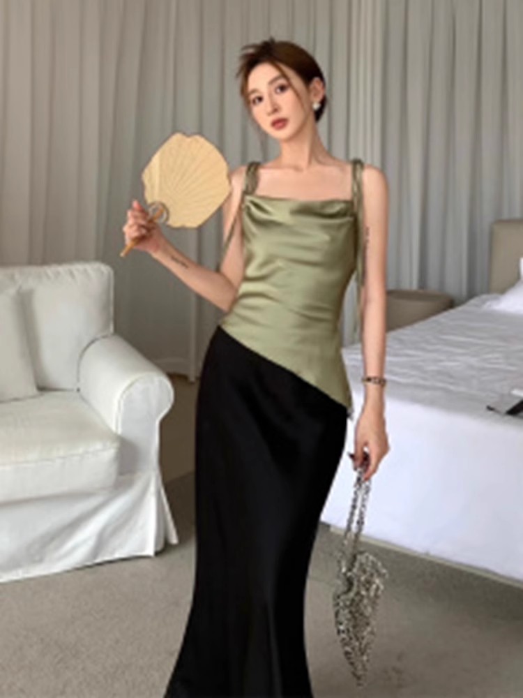 高级感气质套装裙夏季辣妹不规则吊带上衣女黑色鱼尾裙长裙两件套