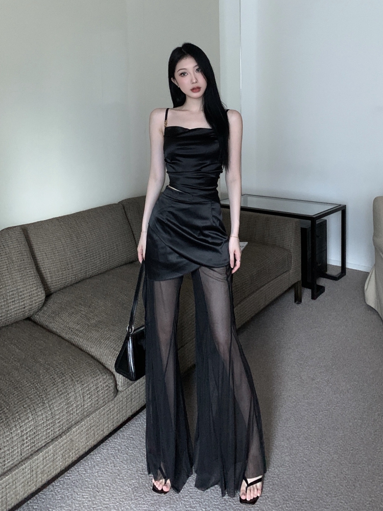 黑色套装女性感辣妹时尚修身吊带夏季雪纺拼接透视阔腿长裤两件套