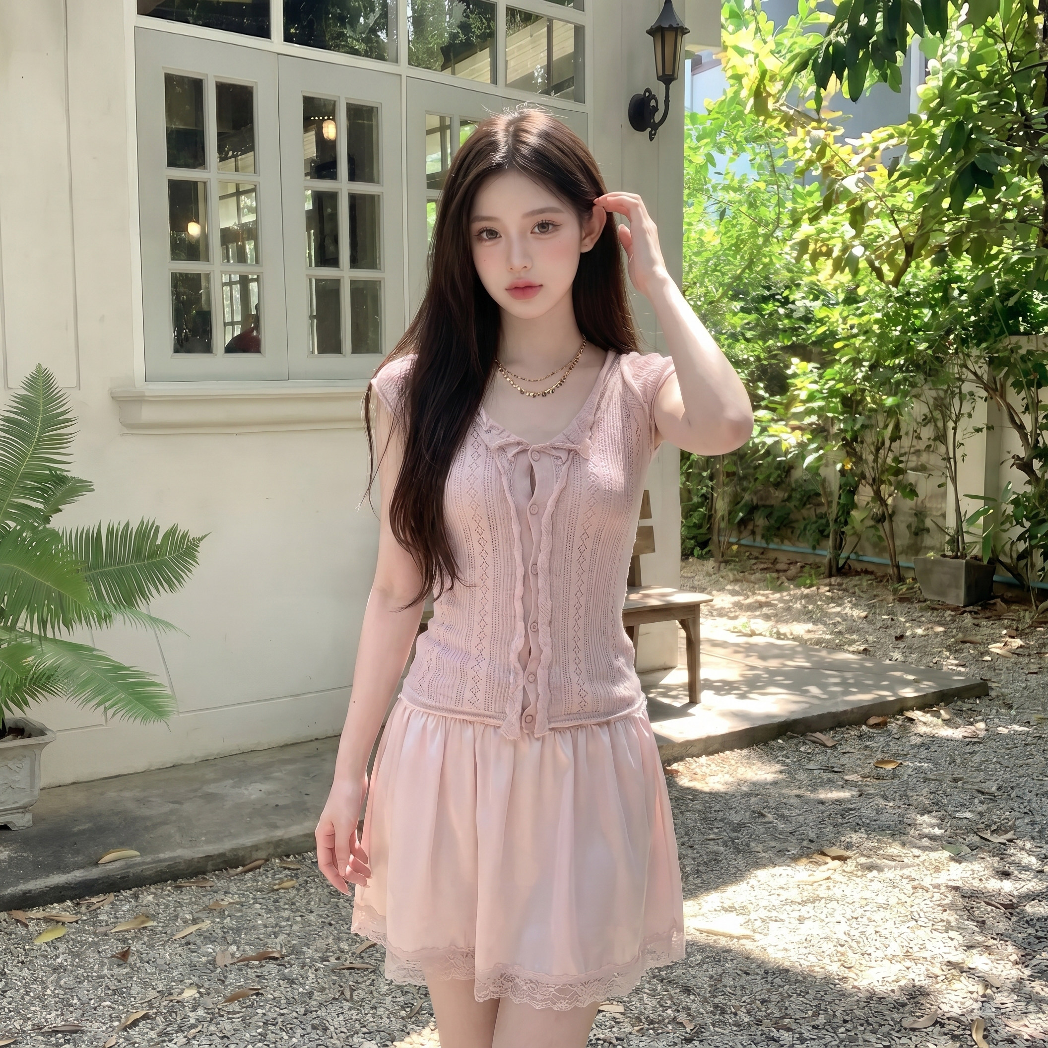 甜美风V领排扣针织衫少女夏季设计感修身设计感卷边千金风毛衣