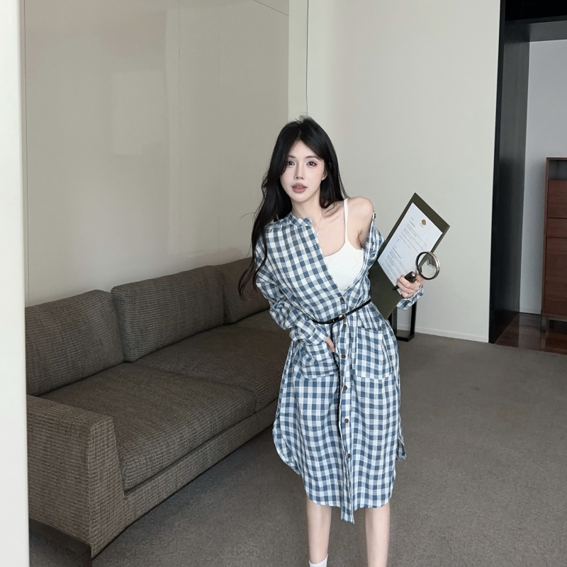 撞色格子衬衫连衣裙女夏季2025年新款叠穿复古休闲松驰感别致长裙