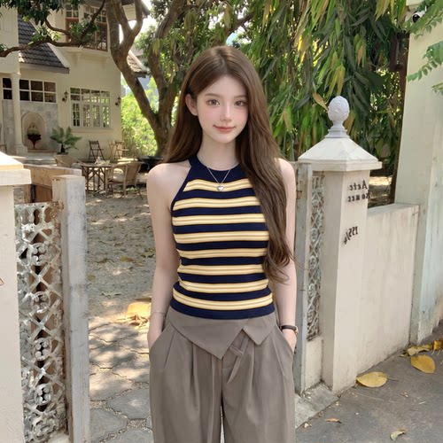 夏季挂脖条纹针织吊带少女修身