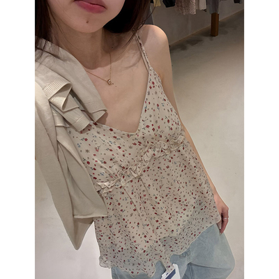 韩系甜辣甜美V领碎花吊带背心女