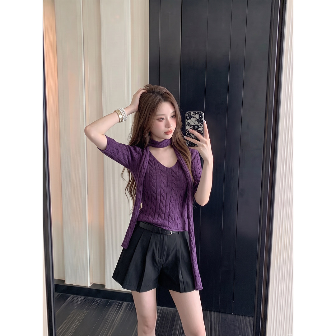 韩系复古风V领麻花编织针织衫女早秋紫色修身显瘦气质上衣配围巾