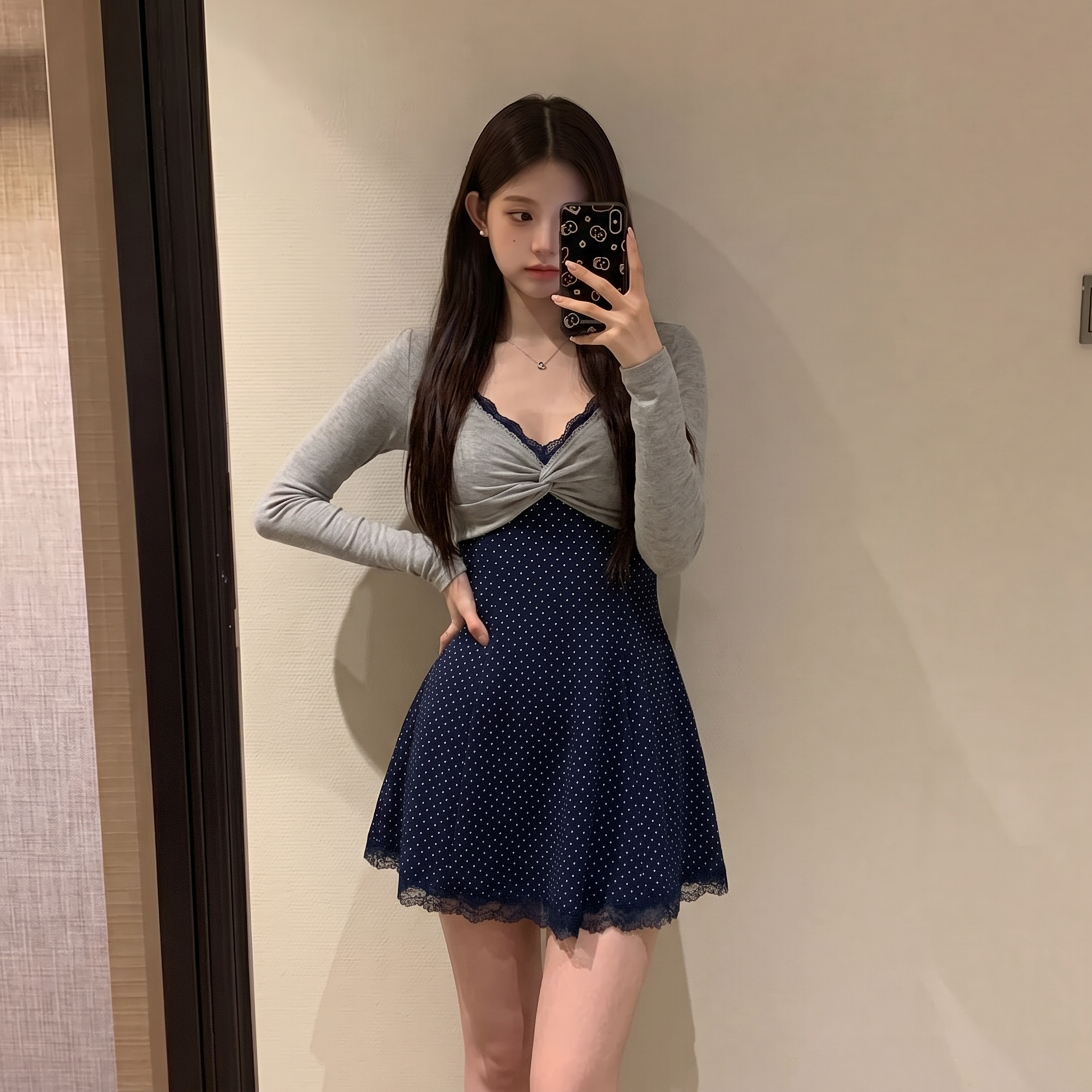 法式复古波点拼接蕾丝吊带连衣裙外搭长袖上衣两件套女夏季小短裙