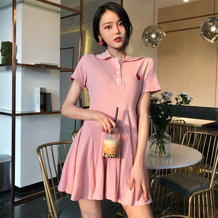 2018夏季新款粉色韩版学生T恤裙子小清新修身短袖POLO连衣裙女装