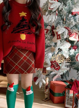 女童毛呢半裙秋冬款儿童加厚红色格纹短裙宝宝圣诞新年加绒半身裙