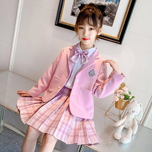 春季新款女童套装春装学院风韩版洋气JK衬衫外套格子裙时髦三件套