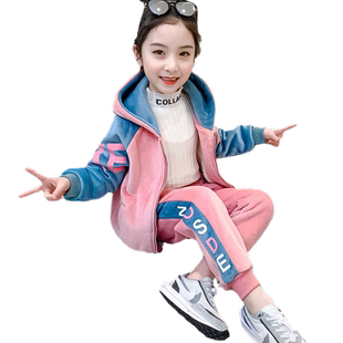 女童金丝绒套装秋装冬季保暖洋气连帽加绒加厚两件套卫衣裤子衣服