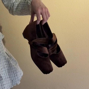 羊皮版~温柔风方头芭蕾舞玛丽珍鞋女浅口配裙子气质内增高单鞋子