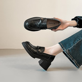 山茶花粗跟真皮黑色乐福鞋 女2026新款 春秋单鞋 牛皮版 高跟小皮鞋