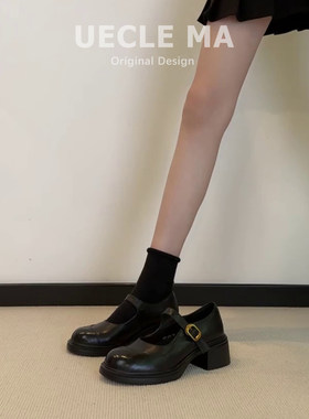 羊皮款~乖超萌玛丽珍女鞋真皮法式单鞋粗跟绝美不累脚厚底小皮鞋