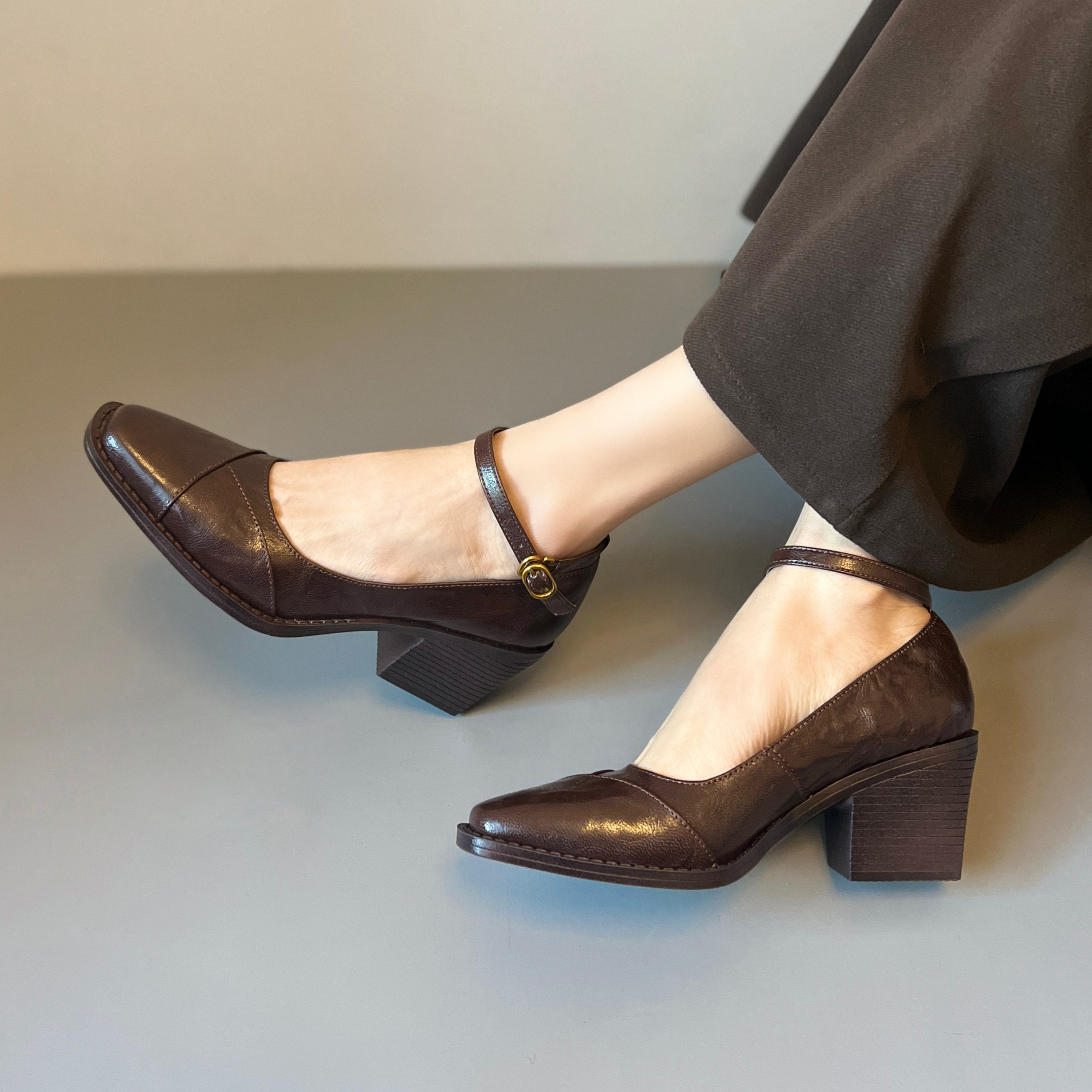 真皮法式方头高跟鞋女款粗跟气质复古通勤黑色玛丽珍单鞋小皮鞋子,女鞋,玛丽珍鞋,淘宝优惠券,粉丝福利购,淘宝优惠卷