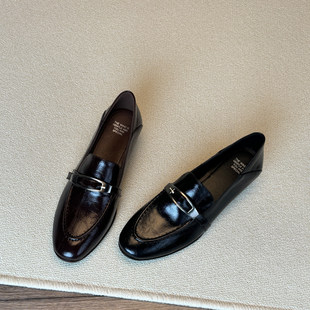 真皮复古金属扣乐福鞋一脚蹬2026新款春秋皮带扣小皮鞋女粗跟中跟