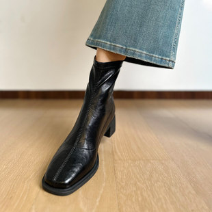 牛皮版~高跟短靴女2026秋冬新款方头马丁靴小个子法式粗跟瘦瘦靴