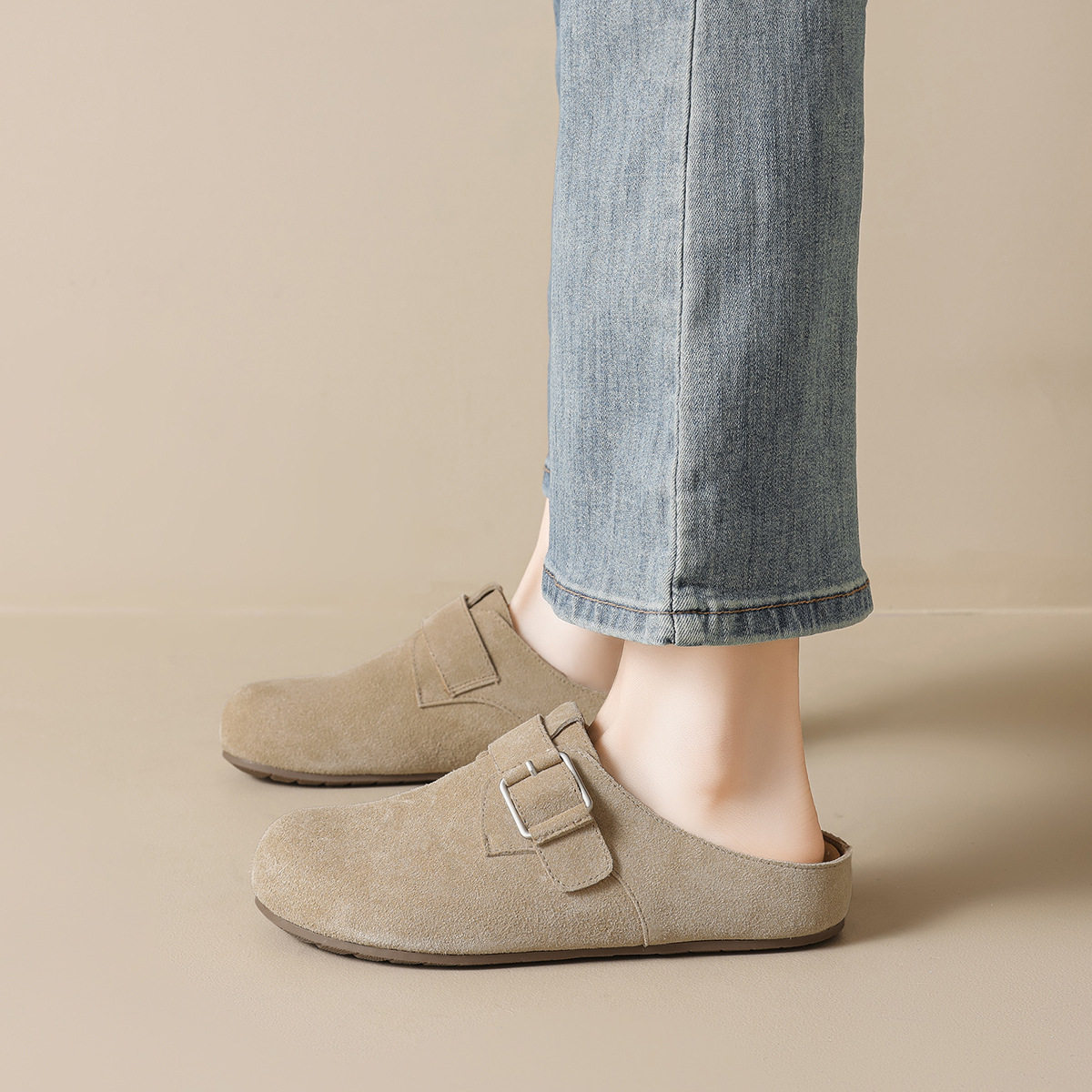 牛皮版~乳胶垫2026新款内增高厚底半拖勃肯鞋一脚蹬通勤休闲鞋女