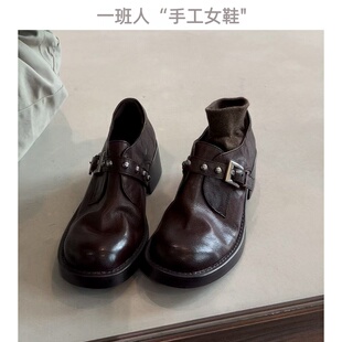 巨软牛皮~乐福鞋复古铆钉英伦风小皮鞋女2026新款厚底单鞋女粗跟