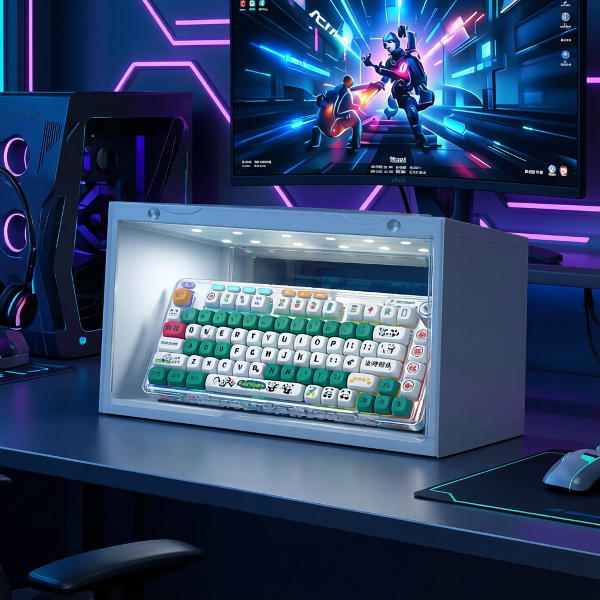 键盘收纳盒声控灯光高透明展示盒防尘电竞机械键盘鼠标收藏保护盒