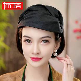 香云纱半帽遮白发真丝桑蚕丝洋气简约气质宽边百搭发箍礼帽PT1162