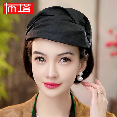 香云纱半帽遮白发真丝桑蚕丝洋气简约气质宽边百搭发箍礼帽PT1162