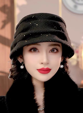 布塔小香风羊毛香妃帽冬遮白发渔夫帽保暖护耳朵香妃帽毛呢PT0766