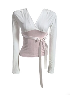 Shawne 26s冬新韩国正品代购 小众蝴蝶结丝带收腰V领甜美长袖T恤