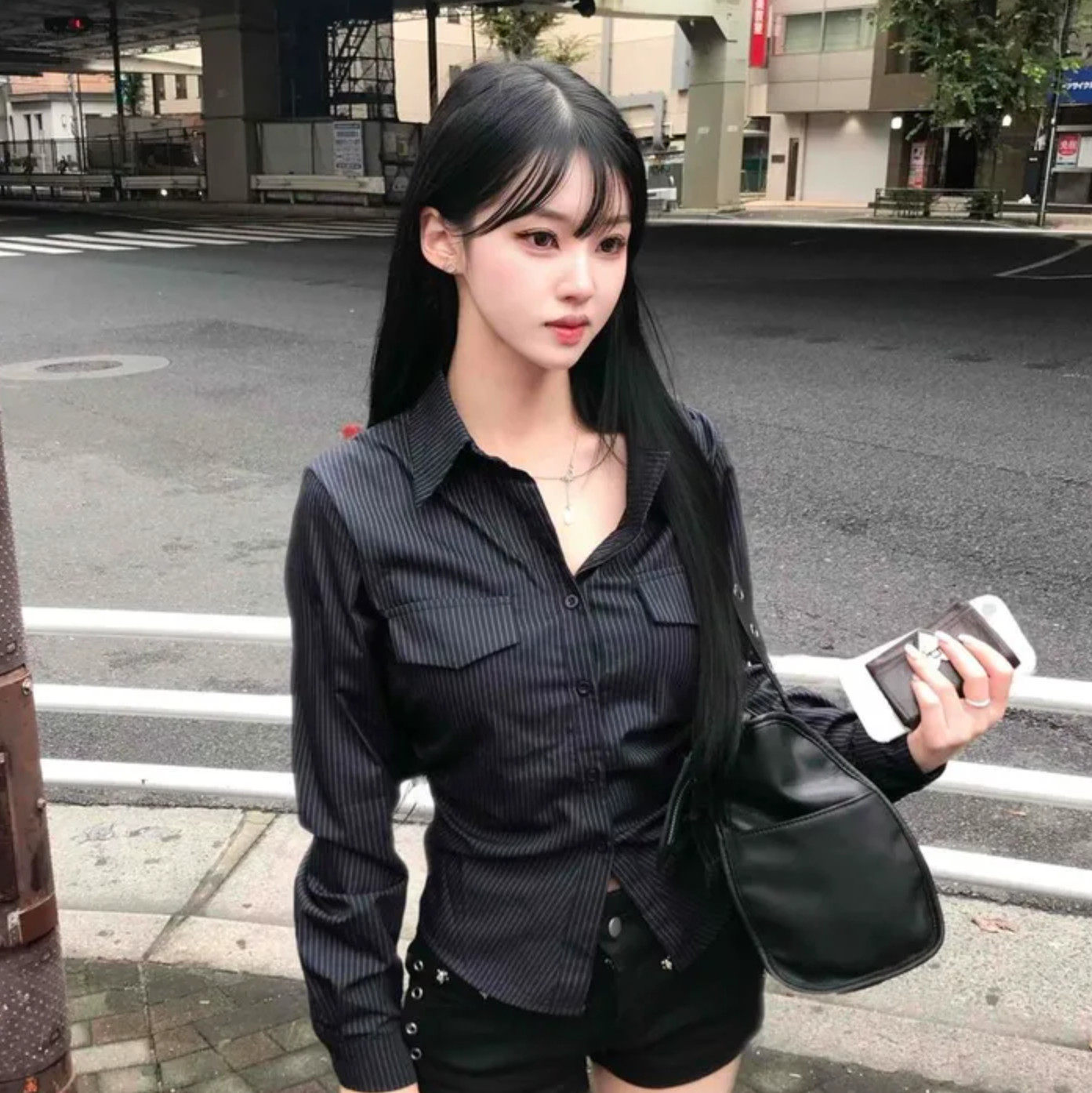 Shawne 26s冬新韩国正品代购 小众双口袋翻领竖条纹系带甜美衬衫