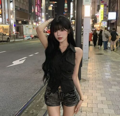 Shawne 25s春新韩国正品代购 小众胸前纽扣竖条纹翻领马甲背心