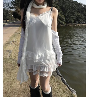 小众蕾丝花边层叠裙摆雪纺吊带连衣裙 代购 Shawne 26s春新韩国正品