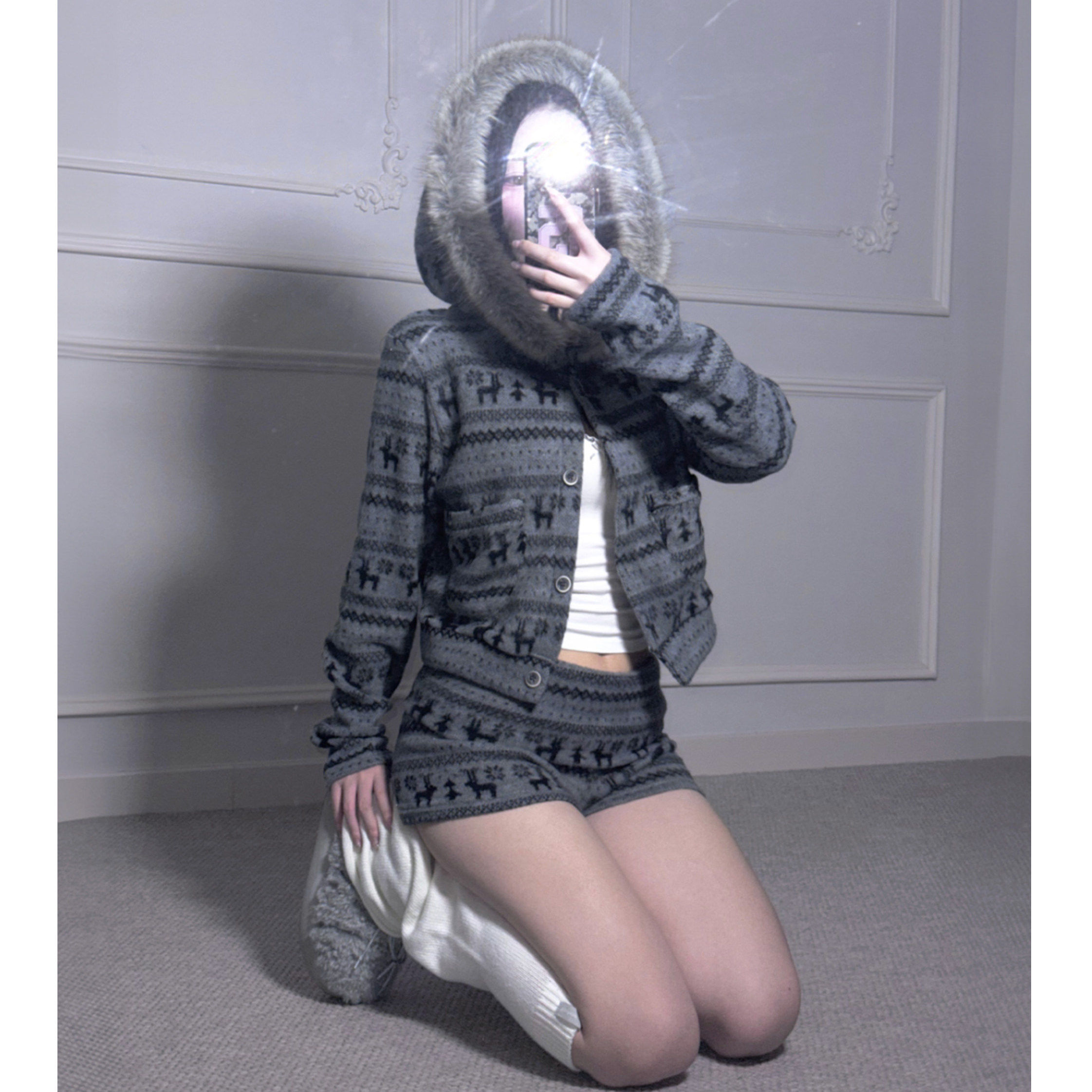 Shawne 25s冬新韩国正品代购 Y2K个性麋鹿图案毛帽温暖毛呢外套