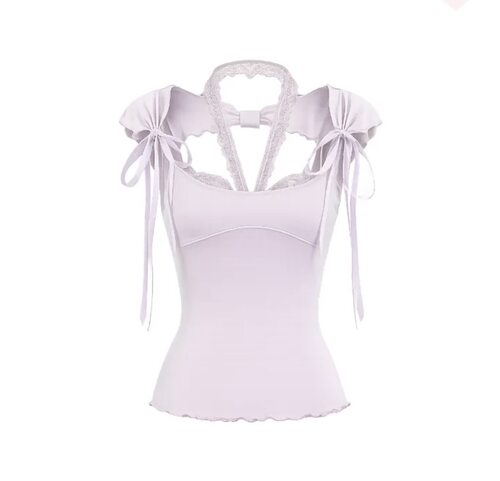 Shawne 26s春新韩国正品代购小众双侧蝴蝶结蕾丝挂脖背心组合上衣