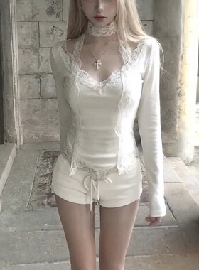 Shawne 26s春新韩国正品代购 小众蕾丝围巾装饰V领甜美显瘦T恤