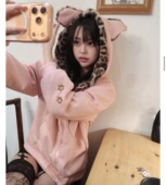 代购 Shawne 25s春新韩国正品 小众可爱耳朵帽子豹纹内里开襟卫衣